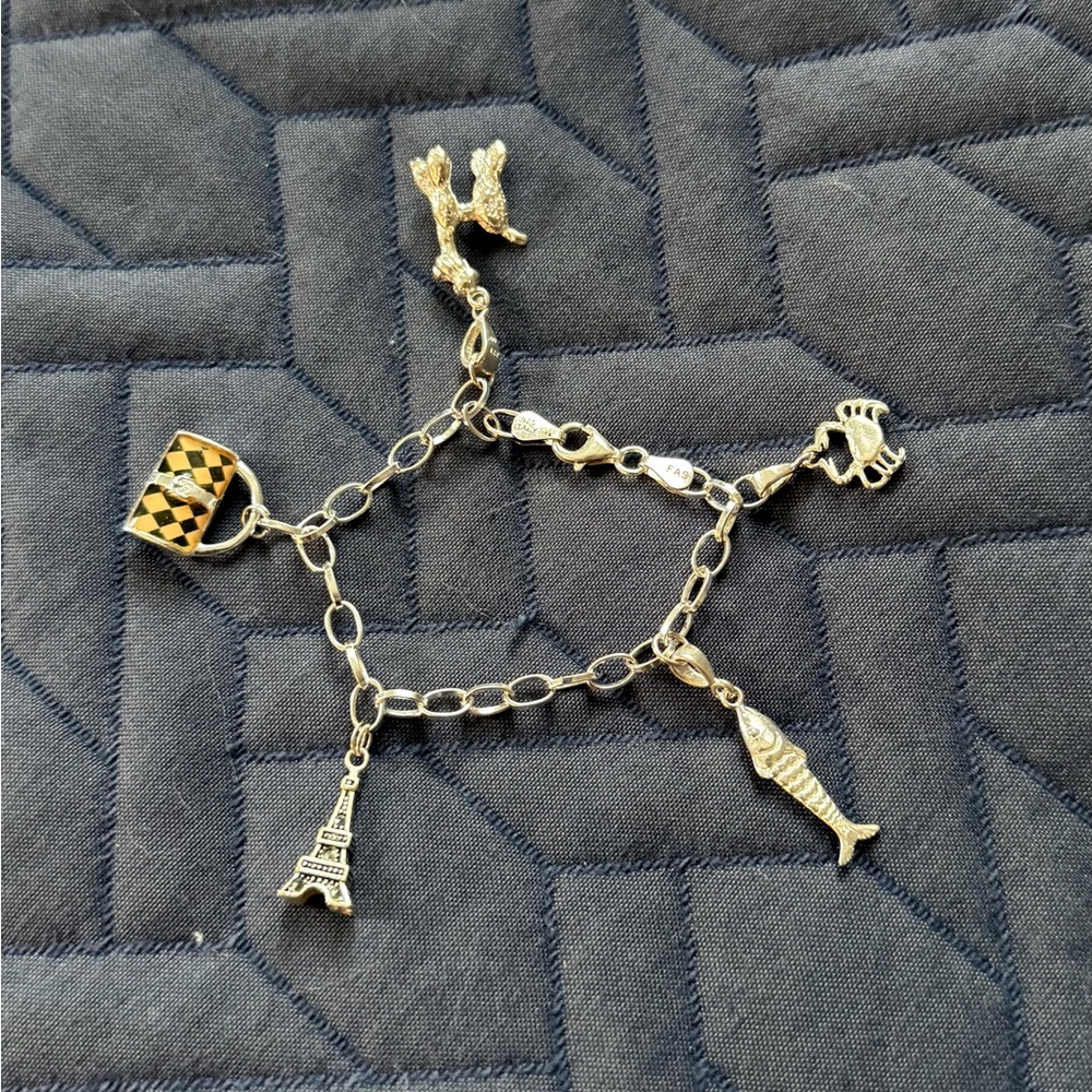 Sterling Silver 925 Vintage Charm Bracelet Poodle Purse Crab Fish Eiffel Tower